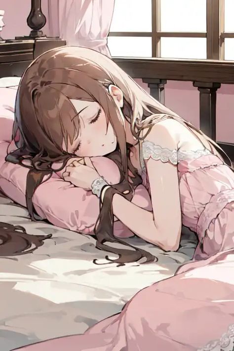 Holding Body Pillow Reference, Anime On Bed Pose, Hair On Floor Reference, Anime Sleeping Poses, Anime Nightgown, Sleeping Pose Reference, Anime In Bed, Sleepy Face Drawing, Pajamas Drawing