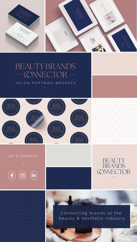 Modern luxury brand design for Beauty Brands Connector. Beauty brand. Beauty branding. Beauty Logo. Minimal logo design. Navy Branding. Navy, Rose Gold and Blush Branding. Navy brand colour palette. Blush brand colour palette. Luxury brand design. Luxury beauty brand. Navy Brand Color Palette, Navy Blue Branding Identity, Navy And Pink Branding, Modern Luxury Color Palette Branding, Navy Gold Palette, Rose Gold Palette Colour Schemes, Brand Icons Design, Luxury Brand Moodboard, Luxury Color Palette Branding Blue