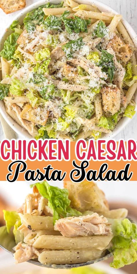 This chicken Caesar Pasta Salad recipe combines crisp Romaine lettuce, tender rotisserie chicken, crunchy croutons, plenty of parmesan cheese, and al dente penne with a creamy homemade Caesar dressing. Homemade Caesar Dressing, Chicken Caesar Pasta, Caesar Pasta Salad, Homemade Caesar, Vegetable Salads, Caesar Pasta, Chicken Caesar Pasta Salad, Viral Recipes, Classic Caesar Salad