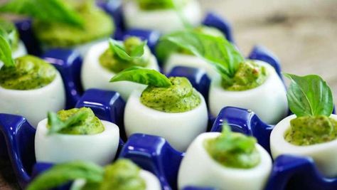 Pesto Deviled Eggs | Rachael Ray Show Avocado Deviled Egg, Pesto Deviled Eggs, Simple Deviled Eggs Recipe, Thanksgiving Deviled Eggs, Perfect Deviled Eggs, Eggs Deviled, Deviled Egg Recipes, Deviled Egg Recipe, Recipe With Bacon