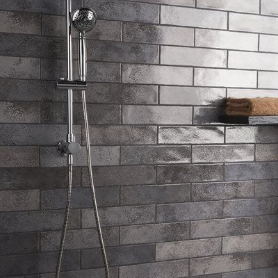 Oken Antracite 3x12 Charcoal Tile Backsplash, Rustic Farmhouse Shower Tile, Gray Tile With Dark Grout, Glossy Shower Tile, Dark Gray Shower Tile, Dark Grey Shower Tile, Grey Shower Tile Ideas, Grey Tile Shower, Grey Shower Tile