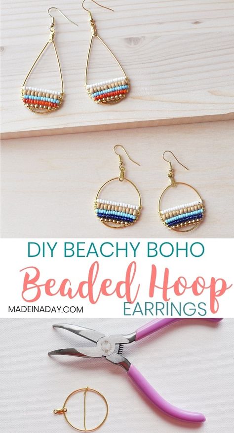 Navy Blue Earrings, Hoop Jewelry, Homemade Earrings, Wire Hoop Earrings, Beaded Earrings Tutorials, Beaded Earrings Diy, Earrings Wood, Beachy Boho, Seed Bead Tutorial