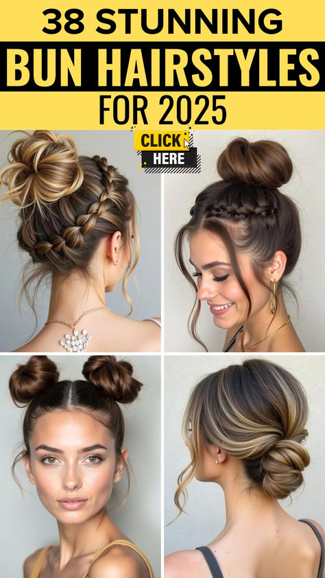 A vibrant collage showcasing 38 stunning bun hairstyle ideas for 2025. The image highlights a mix of chic and trendy bun styles, including braided buns, messy buns, sleek low buns, and double buns, perfect for all hair types and occasions. Ideal inspiration for anyone looking to refresh their hairstyle game with fashionable and versatile bun options. Los Bun Hairstyles, Easy Flight Attendant Hairstyles, Cool Bun Hairstyles, Formal High Bun Updo, Messy Bun Hairstyles Wedding, Cute Bun Hairstyles For Medium Hair, Cute Bun Hairstyles For Long Hair, 2 Buns Hairstyle Black Natural Hair, Bun Hairstyles For Medium Length Hair