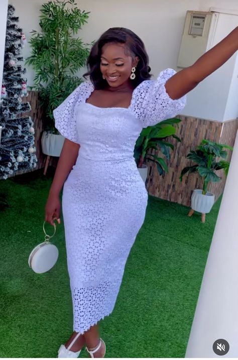 Chantilly Lace Styles Nigeria, White Lace Styles For Ladies, White Lace Skirt And Blouse Styles, White Dress For Naming Ceremony In Ghana, Simple White Lace Dress Short, White Lace Dress Short Classy, White Dress Styles For Church, White Ankara Lace Dress Styles, Lace Dress Classy For Church