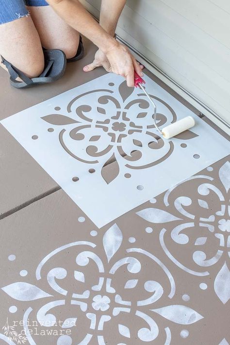 If you need a concrete front porch makeover that is easy and won't break the bank, this tutorial is for you! Come on over to my front porch! #frontporchdecor #frontporchliving #frontporchproject Stencil Front Porch, Front Porch Stencil Concrete Floors, Painting Cement Porch, Front Porch Stencil, Front Porch Flooring Ideas, Floor Stencils Patterns, Painting Concrete Walls, Stenciled Concrete Floor, Concrete Pattern