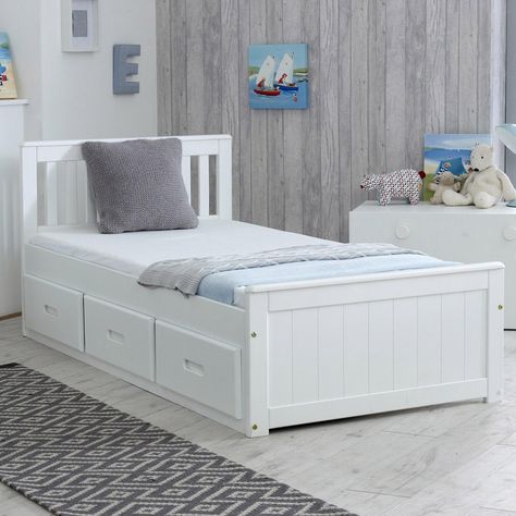 Wooden Bed With Storage, Contemporary Bed Frame, Captains Bed, White Bed Frame, Cabin Bed, Wooden Bed Design, Slatted Headboard, Dekorasi Kamar Tidur, White Bed