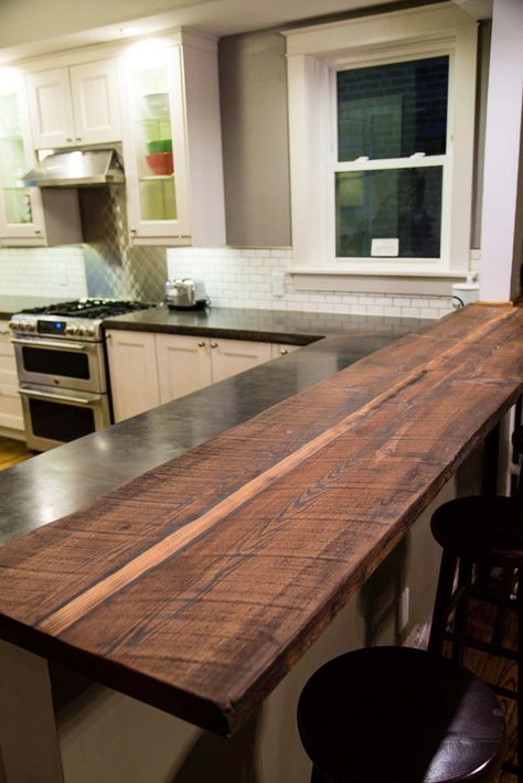 Reclaimed Wood Breakfast Bar, Adding A Breakfast Bar To A Counter, Kitchen Island And Bar Ideas, Countertops With Seating, Reclaimed Wood Bar Top, Extend Countertop Bar Diy, Breakfast Bar Countertop Ideas, Adding Breakfast Bar To Existing Counter, Wood Bar Countertops