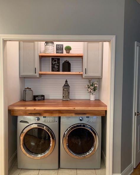 Washer Dryer Room Ideas Small Spaces, Small Laundry Room Goals, Hallway Washer And Dryer, Laundry Closet Front Loaders, Navy Blue Washer And Dryer Laundry Room, Shelving Over Washer And Dryer, Laundry Room With Dark Appliances, Closet Mud Room Conversion, Laundry Room Ideas Front Loaders