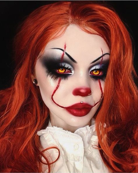 Terrifying female Pennywise Halloween clown makeup from the film IT, with orange wig and contact lenses. #halloween #halloweenmakeup #halloweenmakeuplooks #halloweencostume #pennywisemakeup #pennywishhalloweencostume Carnaval Make-up, Makeup Clown, Halloween Makeup Clown, Fantasy Make-up, Halloweenský Makeup, Halloween Make-up Looks, Holloween Makeup, Halloween Nails Diy, Creepy Halloween Makeup