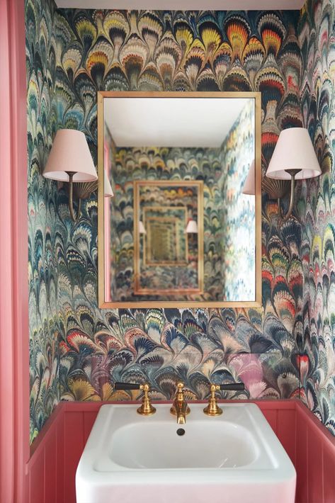 An Exclusive Tour Of This Stylish London Flat | SheerLuxe Marble Effect Wallpaper, Garden Home Office, Linen Headboard, Double Mirror, Downstairs Loo, London Flat, Marble Paper, Bathroom Wallpaper, Main Bedroom