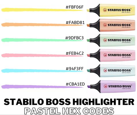 Picture of six stabilo boss highlighters along with a swatch of their color and hex code that correlates with each highlighter Good Notes Highlighter Colors Code, Goodnotes Highlighter Hex Codes Pastel, Pastel Highlighter Hex Codes, Goodnotes Highlighter Hex Codes, Stabilo Highlighters Hex Code, Highlighter Color Coding Notes, Stabilo Highlighters, Urban Color Palette, Stabilo Pastel Highlighter