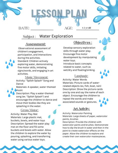 In this toddler water exploration lesson plan, children will engage in sensory play with water, discovering various objects and learning about buoyancy and water properties Water Lesson Plans For Toddlers, Water Lesson Plans Preschool, Water Conservation Activities, Water Safety Activities, Water Theme Preschool, Water Lessons, Conservation Activities, Kindergarten Posters, Toddler Themes