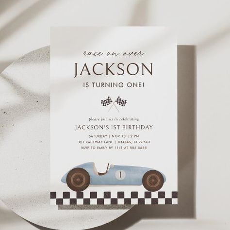 $2.77 | Vintage Race Car Boy 1st Birthday | Birthday Invitations | race car birthday, vintage race car, blue brown black neutral, digital download, checkers, boy birthday, race car birthday invite, simple modern minimal, 1st birthday, race on over Minimal 1st Birthday, Vintage Race Car Birthday, Cars Birthday Invitations, Birthday Vintage, Race Car Birthday, Car Birthday, 1st Birthday Invitation, Boy Birthday Invitations, Vintage Race Car