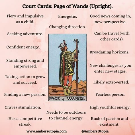 The Page of Wands, in an upright position from the suit of wands in the tarot deck and its meanings, including the astrology and numerology meanings.   #PageofWands #SuitofWands #TarotCardMeanings #Tarot Page If Wands Tarot Meaning, Princess Of Wands Tarot Meaning, 3 Of Wands Tarot Meaning, Ten Of Wands Tarot Meaning, Page Of Wands Tarot Meaning, Page Of Cups Tarot Meaning, Court Cards Tarot, Page Of Wands Tarot, 5 Of Wands