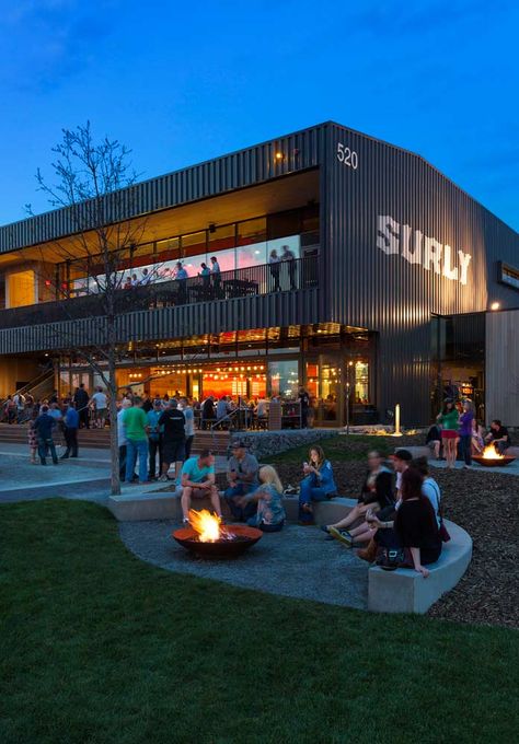 http://www.landezine.com/index.php/2016/12/surly-brewing-msp-by-hga/ Brewery Interior, Metal Building Designs, Minneapolis City, Brewery Design, Outdoor Restaurant Design, Restaurant Exterior, Warehouse Design, Beer Hall, City Photos