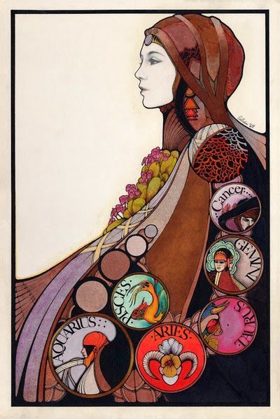 David Palladini is an American illustrator, best known for his Aquarian Tarot decks and illustrations of children's books, especially The Girl Who Cried Flowers and other tales by Jane Yolen (T. Y. Crowell, 1973). His style is reminiscent of the Art Nouveau illustrations of Alfons Mucha and Aubrey Beardsley Art Nouveau Illustration, Digital Museum, Astrology Art, Tarot Art, Zodiac Art, Norman Rockwell, Arte Popular, Tarot Decks, Light Switch