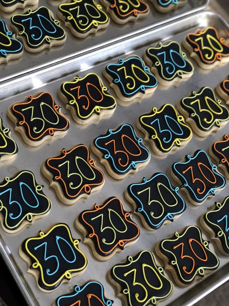 Neon Cookies, 30th Birthday Cookies, 50th Anniversary Cookies, Celebration Cookies, Royal Icing Cookies Recipe, Decade Party, Neon 80s, Anniversary Cookies, Theme Cookies