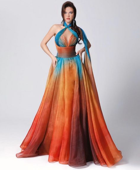 Ornelys Couture on Instagram: “ORN2721A 🧡 . . #ornelyscouture #dress #orange #blue #multicolore #hautecouture #glamour #stunning #design #barmitzvah #weddingday #event…” Fouad Sarkis, Flare Long Dress, Mnm Couture, Plastic Dress, Dress Drape, Halter Gown, Dress Purchase, Dress Cover, Fancy Dresses