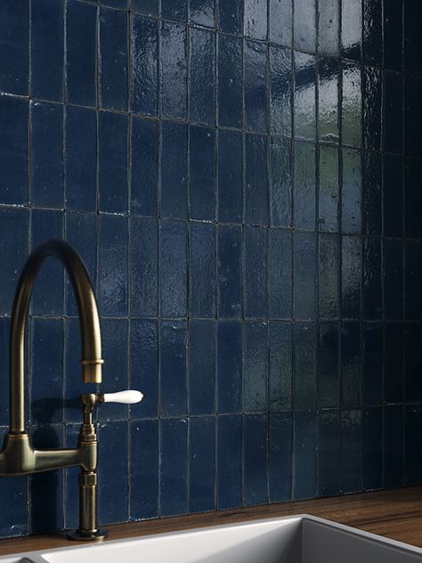 14 Biggest Tile Trends of 2024 2024 Tile Trends, Ceramic Trends 2024, Tile Trends 2024, Blue Vertical Tile Bathroom, Bathroom Floor Tile Trends 2024, Blue Glazed Tile Bathroom, Bedrosians Iron Blue Tile, Navy Blue Bathrooms, Blue Bathroom Tile