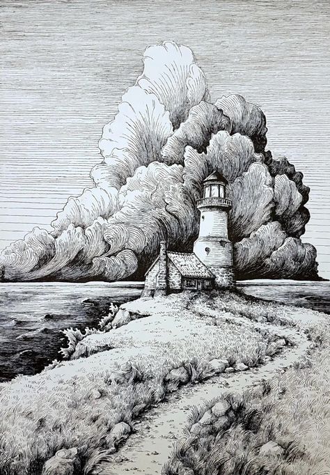 Cross Hatching Landscape, Landscape Drawing Black And White, Landscaping Sketching, Ink Architecture Drawing, Fineliner Landscape, Pen Art Work Drawings, Pen Sketch Landscape, Ink Landscape Drawing, Pen Cross Hatching