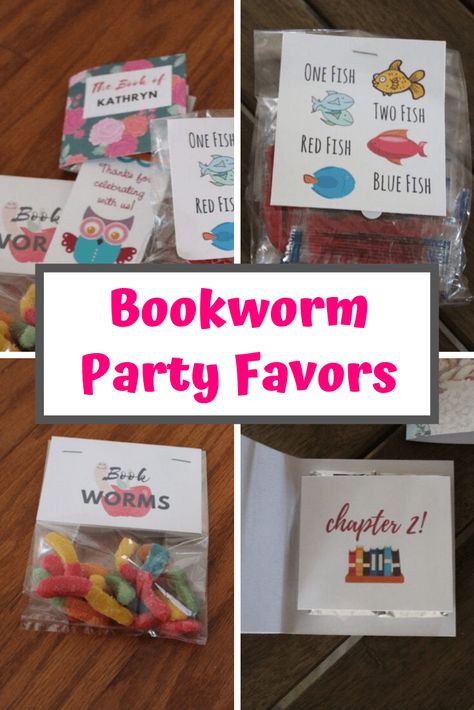 These bookworm party favor ideas and printables feature: gummy worm "bookworms," Dr. Seuss inspired "Red fish," and book party favors made out of Hershey's chocolates.  #birthdayideas #bookworm #bookparty #libraryparty #bookthemedparty #bookworms Book Themed Candy Bar, Book Worm Themed Birthday Party, Bookworm Party Decorations, Bookworm Party Ideas, Library Themed Party, Book Themed Party Favors, Rory Birthday, Book Party Favors, Book Exchange Party