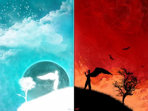 heaven and hell images | Heaven vs Hell Drawing Heaven Vs Hell Drawing, Angel Y Diablo, Heaven Painting, Heaven Wallpaper, Christian Drawings, Episode Interactive Backgrounds, Heaven Art, Ange Demon, Heaven And Hell