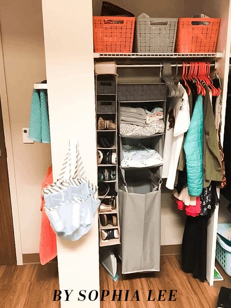 dorm closet organization #closetorganization #closet #organization #decor #homedecor #homeorganization College Closet Organization, College Dorm Closet, Dorm Closet Organization, Dorm Room Closet, College Dorm Room Organization, Closet Interior, Dorm Room Organization Diy, College Dorm Organization, College Bedroom Decor