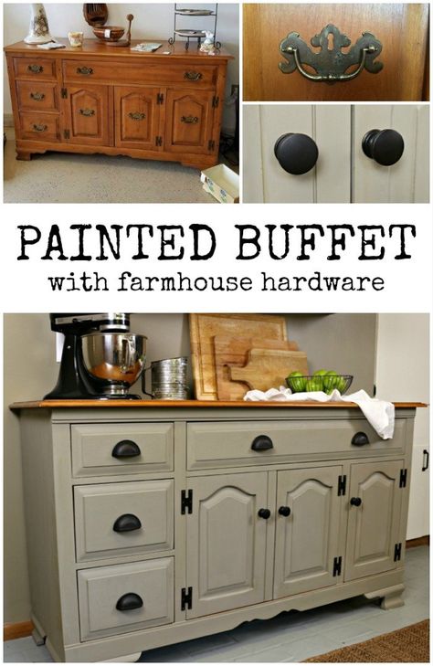 CHALK PAINTED BUFFET WITH FARMHOUSE HARDWARE Chalk Paint Buffet, Farmhouse Hardware, Refurbished Furniture Diy, Chalk Painted Furniture, Chalk Paint Furniture Diy, Furniture Wardrobe, Painted Buffet, Western Furniture, Furniture Renovation