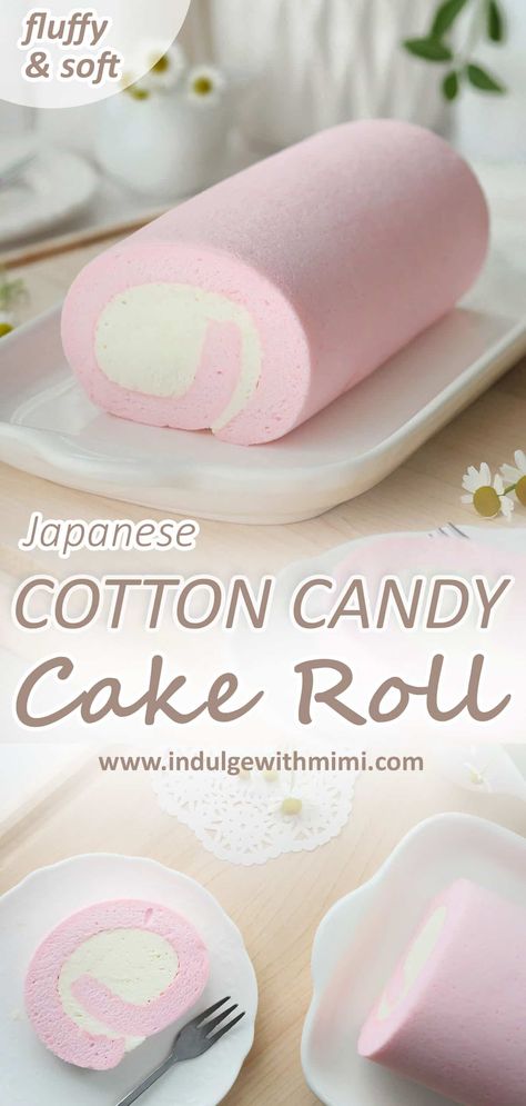 Pink Swiss Roll, Japanese Cafe Food Recipes, Pink Cake Flavors, Japanese Cake Roll Recipe, Chiffon Roll Cake, Cotton Cake Recipe, Cotton Candy Pound Cake, Japanese Roll Cake Recipe, Japanese Fluffy Cake Recipe