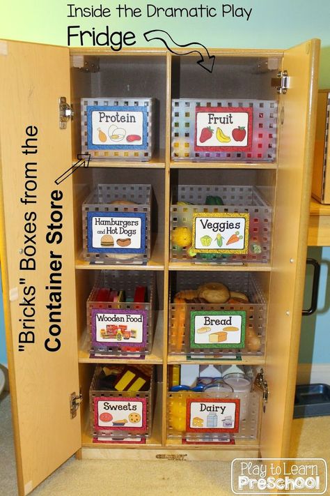 Organizing play food in the Dramatic Play Center (free printable) - Play to Learn Preschool Play To Learn Preschool, Preschool Organization, Preschool Rooms, Classroom Tour, Prek Classroom, Dramatic Play Preschool, Dramatic Play Area, Preschool Centers, Classroom Centers