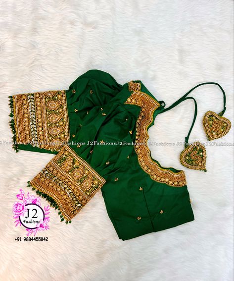 Green Puff Blouse Designs, Puff Sleeve Aari Work Design, Puff Hands Maggam Work Blouse, Green Aari Work Blouse Design, Puff Sleeve Aari Work Blouse, Green Blouse Aari Work Designs, Green Bridal Blouse, Bottle Green Blouse, Bridal Blouse Work