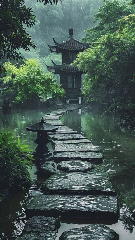 Japan Aesthetic Landscape, Japan Scenery Wallpaper, Japan Rain Aesthetic, Japanese Temple Aesthetic, Japanese Nature Aesthetic, Magic Garden Aesthetic, Japanese Landscape Photography, Zen Garden Wallpaper, Chinese Nature