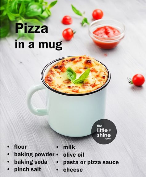 6 Easy Mug Recipes - Make pancakes, pizza, Omelette in a mug within 2 mins. - The Little Shine Healthy Breakfast In A Mug, Pizza Mug Recipe, Mug Microwave Recipes, Food In A Mug, Easy Mug Recipes, Meals In A Mug, Mug Pasta, Omelette In A Mug, Breakfast In A Mug