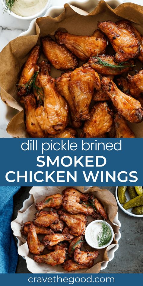 Break out your Traeger or other electric pellet smokers for these (unbelievably easy) amazing, crispy dill pickle brine smoked chicken wings. They are the best wings I've ever had! | cravethegood.com Dill Pickle Brine Recipe For Chicken, Brined Smoked Chicken Wings, Pickle Brined Chicken Wings, Chicken Wing Marinade For Smoker, Traeger Chicken Wings, Smoked Wings Electric Smoker, Smoked Wings Pellet Grill, Smoked Chicken Wings Pellet Grill, Dill Pickle Wings