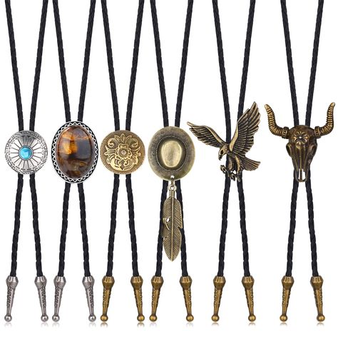 PRICES MAY VARY. Leather 【BOLO TIES FOR MEN WESTERN】 You will receive 6pcs diffirent style bolo ties in one set, including cow skull bolo tie, western eagle bolo tie, natural tiger eye stone bolo tie, turquoise bolo ties, texas star bolo tie necktie, etc. Fashion and classic design, full of baroque style, perfect jewelry accessories to match your clothes, easy to show your unique personality. 【COWBOY TIES FOR MEN】 The necktie rope is a hand braided leather type material, comfortable to wear, won Bola Tie, Western Bolo Tie, Western Town, Native American Necklace, Texas Star, Bolo Ties, Ties For Men, Style Baroque, Tie For Men