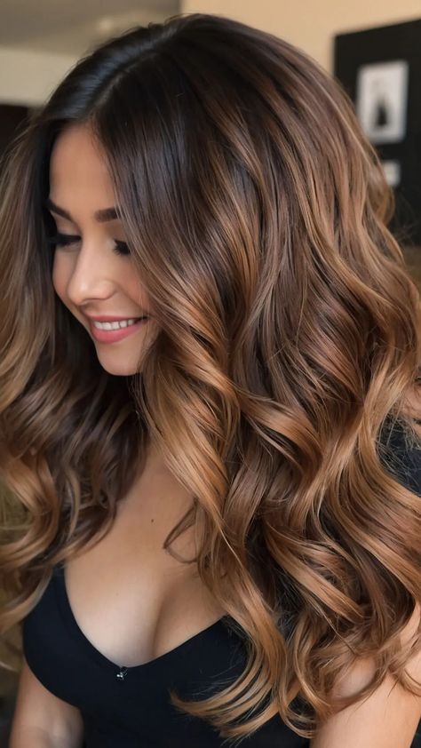 15 Stunning Balayage Ideas for Your Dark Brown Hair This Fall - pulsepathlife.com Fall Balayage For Brunettes, Chestnut Highlights In Brown Hair, Short Hair Color Ideas For Brunettes Dark Brown Subtle Highlights, Fall Balayage Brunette Dark, Honey Brown Balayage Brunettes, Brunette Caramel Balayage, Fall Balayage Hair, Hair Brunettes, Balayage Hair Ideas