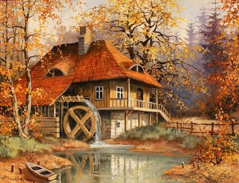 Stanislaw Wilk Polish Landscape painter Tutt Art Landscape Frame, Frame Diy, Rural House, Diy Oils, Color By Numbers, Water Wheel, Diy Landscaping, Forest Landscape, 1 Peter