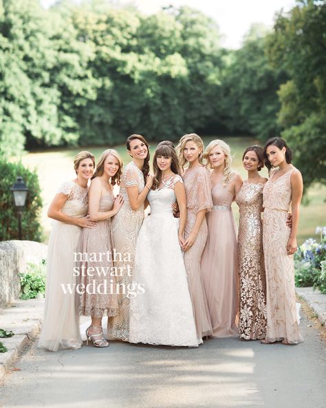 The champagne shades of these glamorous gowns make these girls look like liquid (rose) gold. Consider a universally-flattering color palette like this one. Bridesmaid Dresses Mismatched, Different Bridesmaid Dresses, Chic Bridesmaid Dresses, Neutral Bridesmaid Dresses, Rose Gold Bridesmaid, Bridesmaids Dress Inspiration, Stunning Bridesmaid Dresses, Champagne Bridesmaid, Blush Bridesmaids