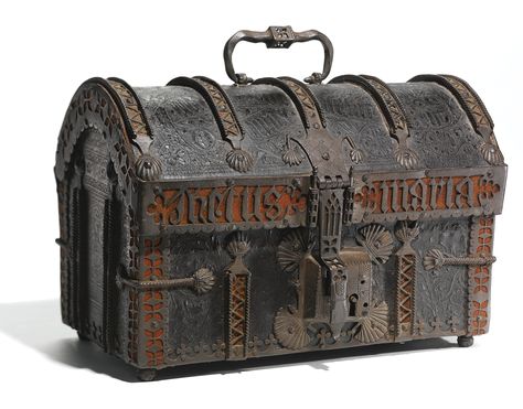 Spanish, late 15th/ early 16th century and later<br> | lot | Sotheby's Pirate Chest, Metal Trunks, Medieval Furniture, Treasure Chests, Old Trunks, Leather Engraving, Antique Trunk, Trunks And Chests, Steamer Trunk