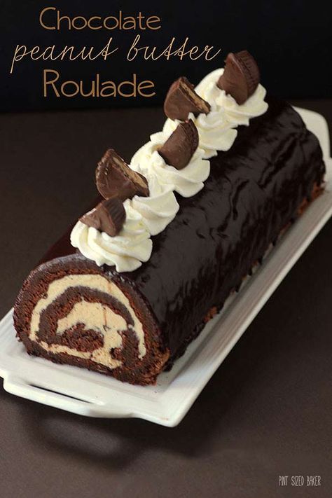 Chocolate and Peanut Butter Roulade made with homemade peanut butter and PB cups. For serious peanut butter lovers only! Roulade Cake, Chocolate Roll Cake, Pb Cups, Cake Roll Recipes, Chocolate And Peanut Butter, Homemade Peanut Butter, Peanut Butter Lovers, Roll Cake, Cake Roll