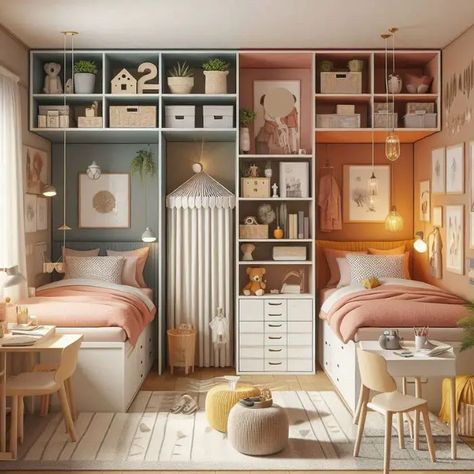 21 Small Bedroom Ideas for 2 Sisters: Space-Saving Magic! - Small Shared Kids Bedroom Ikea, Small Room Sharing Ideas Sibling, Shared Room Organization, Small Kids Room For Two, Brother And Sister Bedroom Ideas, Bedroom Ideas For Sisters Sharing A Room, Small Bedroom For 2 Sisters, Small Kids Bedroom Ideas For 2, Twins Bedroom Ideas