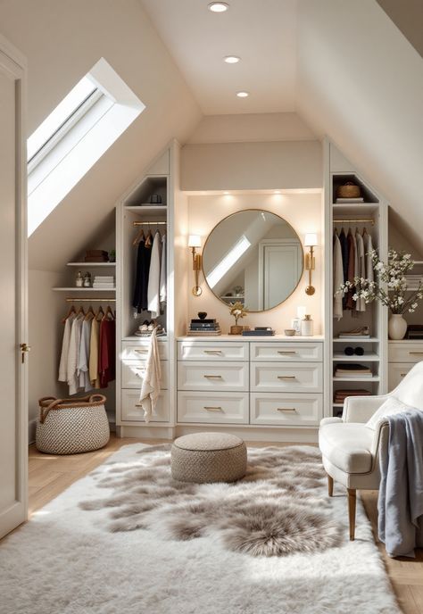 Small attic room ideas Attic Bedroom Organization Ideas, Loft Room Dressing Room, Attic Walking Closet Ideas, Attic Makeup Room, Attic Bathroom Closet Combo, Slanted Ceiling Loft Ideas, Attic Bedroom Lighting Ideas, Bedroom Dressing Area Ideas, Bedroom Ideas For Attic Rooms