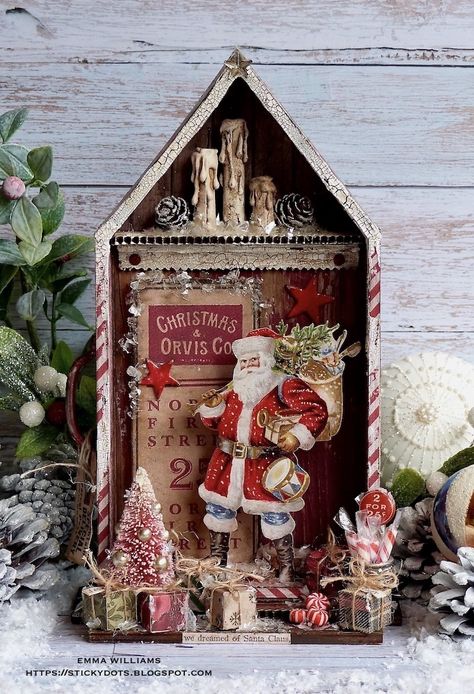 Christmas Diorama, Tim Holtz Crafts, Design Tape, Vintage Christmas Crafts, Christmas Craft Ideas, Christmas Shadow Boxes, Christmas Vignettes, Christmas Preparation, Christmas Backdrops