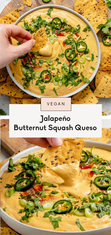 Amazing vegan butternut squash queso filled with incredible flavor from roasted butternut squash, jalapeño, your fav salsa and tons of warming spices. This fall-inspired vegan queso recipe is the perfect way to use up extra butternut squash and is delicious served with chips, on nachos, in quesadillas and more! #butternutsquash #queso #dip #vegan #appetizer #gameday #dairyfree Butternut Squash Queso, Butternut Squash Snacks, Vegan Football Food, Vegan Game Day Recipes, Vegan Fall Appetizers, Vegan Salsa Recipe, Vegetarian Appetizer Recipes, Vegan Cashew Cheese Sauce, Food Healing