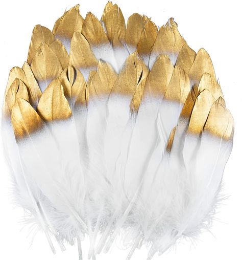 Amazon.com: UNEEDE Gold Tipped White Feathers, 50 PCS Natural Goose Feathers for DIY Wedding Decorations, Angel Wings & Fairy Crafts Wings Fairy, Diy Cosplay, Diy Wings, Mascaras Halloween, Dream Catcher White, Boda Diy, Fairy Crafts, Feather Decor, Wedding Party Supplies