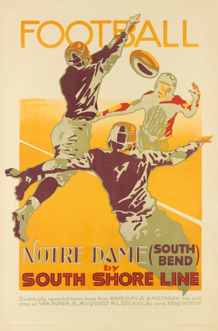 Fall 2019: Rare & Important Travel Posters - Swann Galleries News Notre Dame College, Football Posters, Michigan Football, Notre Dame Football, Vintage College, Notre Dame University, Football Poster, American Sports, South Bend