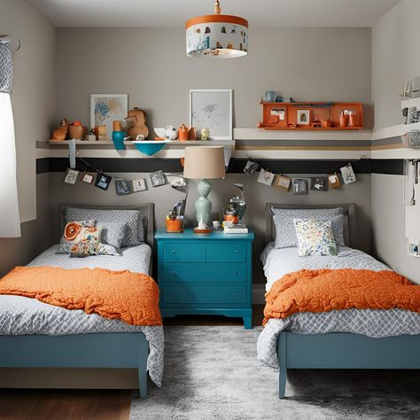 Double the trouble, double the fun! This twins room has everything they need to share dreams (and maybe a few toys). What are your best tips for decorating a shared space? Let us know in the comments! #twinroom #sharedbedroom #siblings 2 Twins In One Room, Twins Bedroom Ideas For Boys, Brothers Room Ideas Shared Bedrooms Small Spaces, Boy Twin Bedroom Ideas, Two Boys Bedroom Ideas Shared Rooms, Double Kids Room, Brother And Sister Room Shared Bedrooms, Boys Room Ideas Shared, Small Shared Bedroom