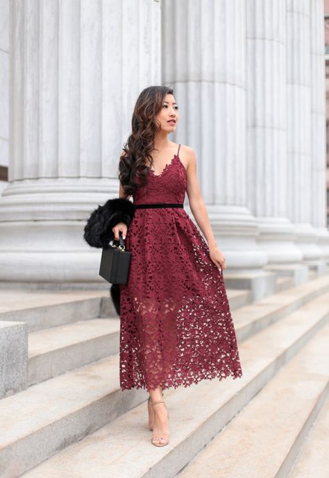 what to wear to a winter black tie holiday party or wedding_petite fashion Festive Burgundy Dress, Red Wedcding Guest Dress, Burgundy Dress Casual Floral, Red Lace Feminine Dress, Red Floral Print Holiday Dress, Black Tie Dress Wedding, Formal Chic, Petite Wedding Dress, Wedding Party Outfits