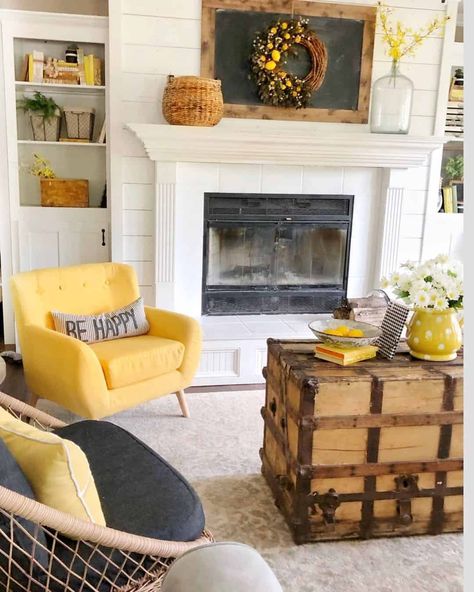 48 Yellow Farmhouse Décor Ideas to Bring In the Sunshine Grey And Yellow Farmhouse Living Room, Living Room Decor With Yellow Accents, Yellow House Decor, Yellow And Blue Living Room, Living Room Decor Yellow, Lake House Family Room, Grey Farmhouse Living Room, Striped Dining Chairs, Farmhouse Accent Chair