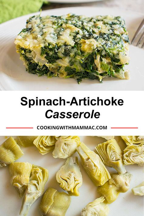 This Creamed Spinach-Artichoke Casserole includes onions, garlic and Parmesan! It's the perfect side dish for Thanksgiving or special occasions! #spinachartichokecasserole #creamedspinach #bakedspinach Creamed Spinach And Artichoke, Spinach And Artichoke Recipe, Spinach Artichoke Squares, Spinach Thanksgiving Side, Spinach Side Dish Healthy, Spinach Artichoke Side Dish, Spinach Artichoke Bake, Spinach Casserole With Cream Cheese, Spinach Artichoke Casserole Recipes